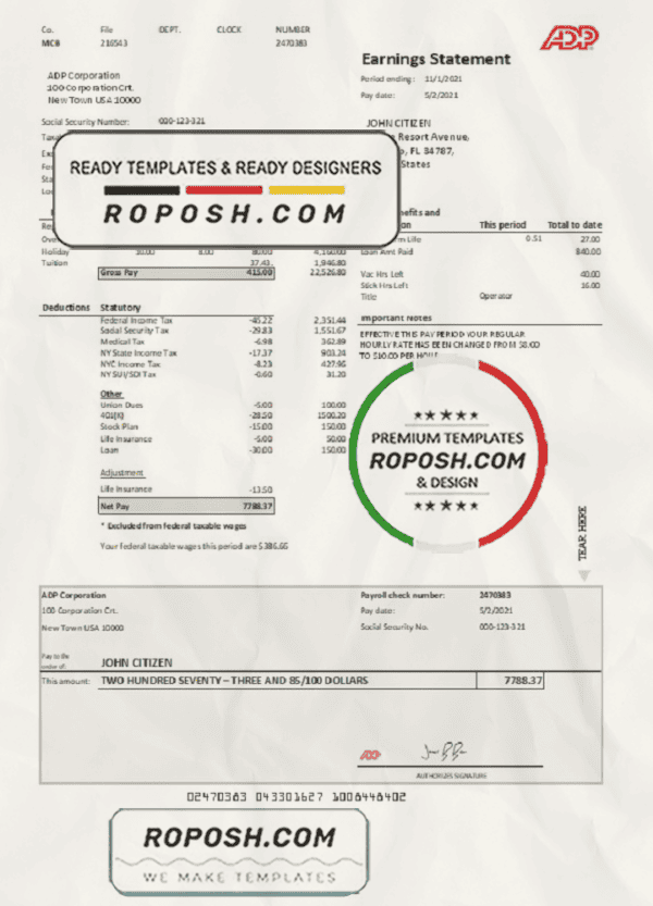 USA ADP Earnings statement template in .xls and .pdf file format