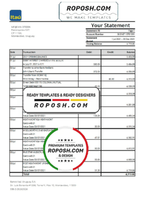 Uruguay Itau Bank statement template in .xls and .pdf file format