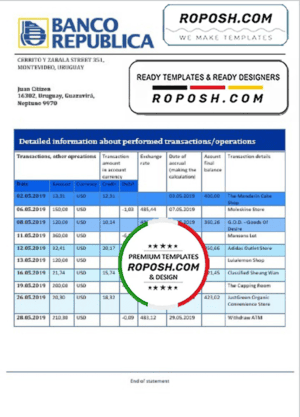 Uruguay Banco de la República Oriental del Uruguay bank statement template in Word and PDF format, good for address prove