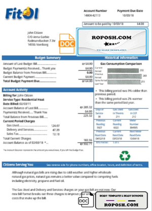 Sweden Fitol gas utility bill template in Word and PDF format