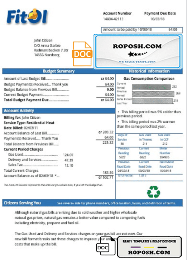 Sweden Fitol gas utility bill template in Word and PDF format
