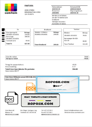 Sweden Com Hem utility bill template in Word and PDF format