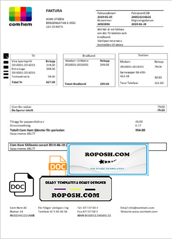 Sweden Com Hem utility bill template in Word and PDF format