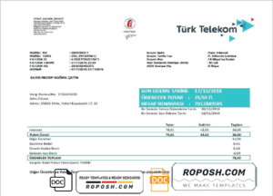 Turkey Turktelekom utility bill template in Word and PDF format, fully editable