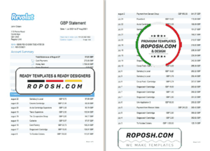 United Kingdom Revolut Bank statement easy to fill template in Excel and PDF format (3 pages)