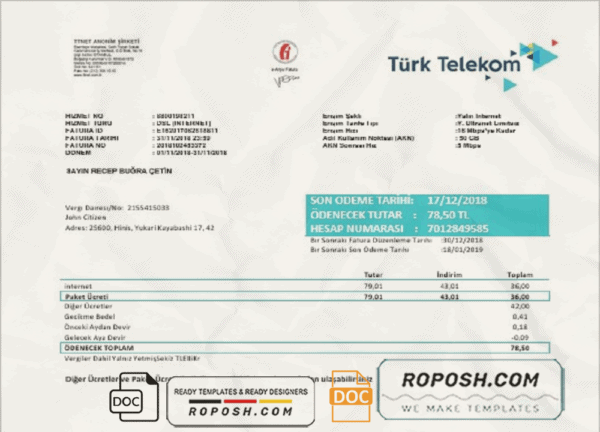 Turkey Turktelekom utility bill template in Word and PDF format, fully editable