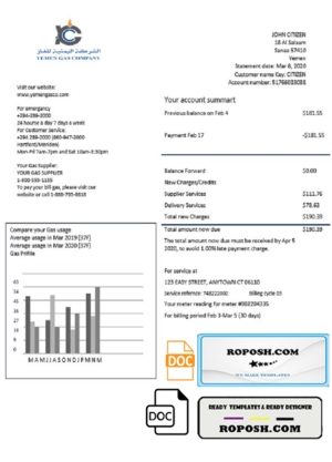 Yemen Gas Company utility bill template in Word and PDF format