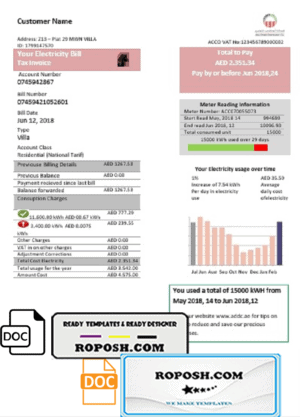 United Arab Emirates Abu Dhabi Distribution electricity utility bill template in Word and PDF format