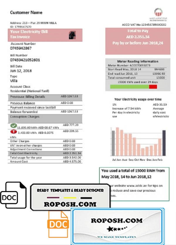 United Arab Emirates Abu Dhabi Distribution electricity utility bill template in Word and PDF format