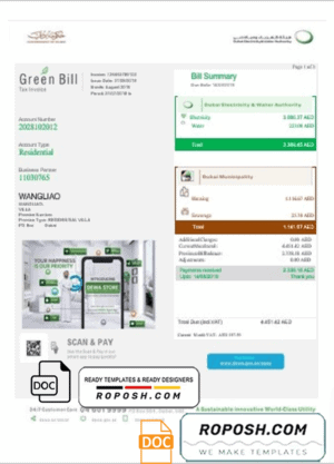 United Arab Emirates Dubai Green utility bill template in Word and PDF format, fully editable