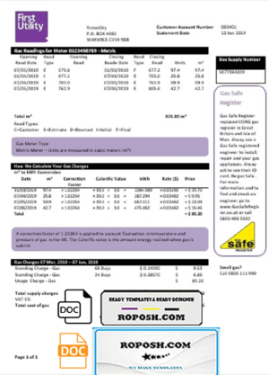 United Kingdom Warwick First Utility bill template in Word and PDF format