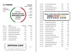 United Kingdom Monzo bank statement template in Excel and PDF format (3 pages)
