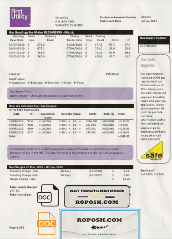United Kingdom Warwick First Utility bill template in Word and PDF format scan effect