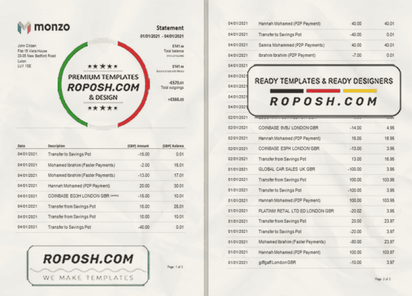 United Kingdom Monzo bank statement template in Excel and PDF format (3 pages)