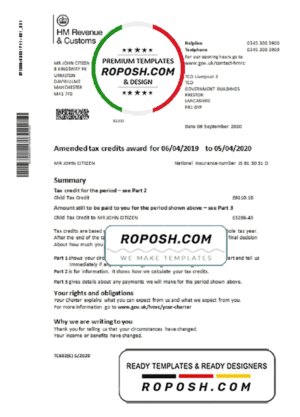 United Kingdom HM Revenue & Customs tax credits award statement template in Word and PDF format (.doc and .pdf)