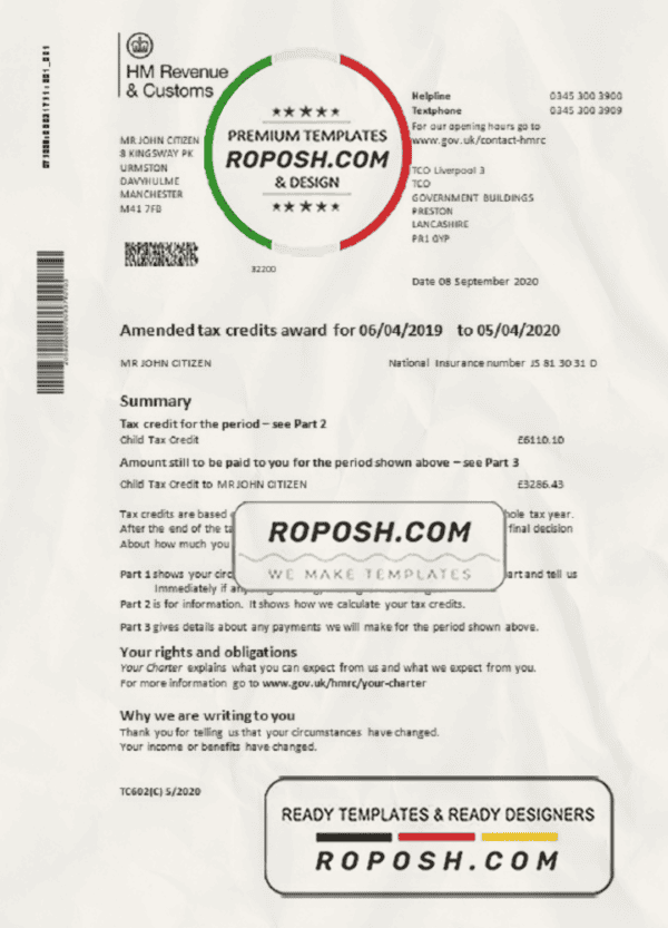 United Kingdom HM Revenue & Customs tax credits award statement template in Word and PDF format (.doc and .pdf)