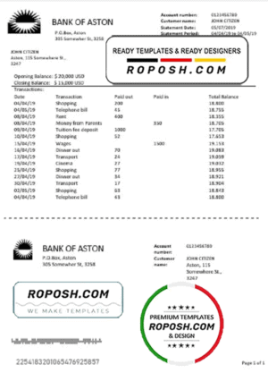 United Kingdom Bank of Aston bank statement template in Word and PDF format, good for address prove