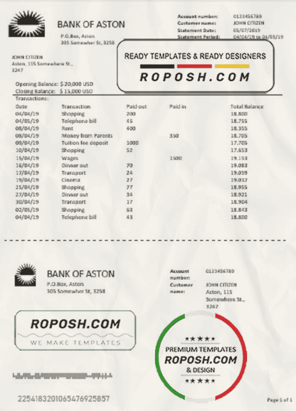 United Kingdom Bank of Aston bank statement template in Word and PDF format, good for address prove