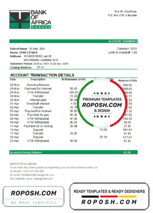 Uganda Bank of Africa bank statement template in .xls and .pdf file format