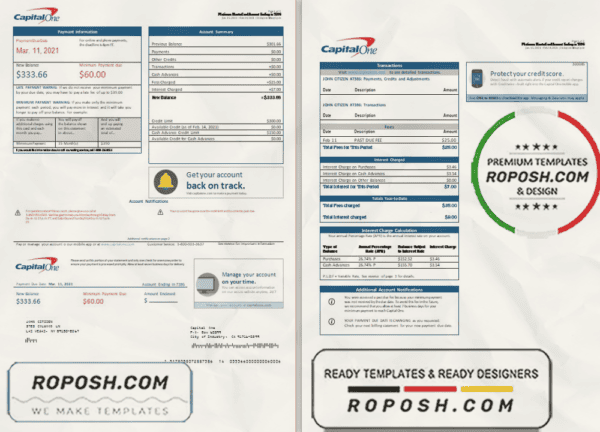 USA Capital One bank statement template in Word and PDF format (2 pages) version 3