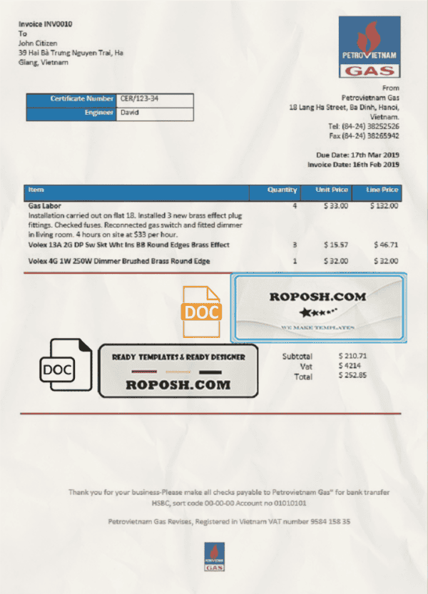 Vietnam Petrovietnam Gas utility bill template in Word and PDF format
