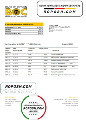 Sri Lanka Bank of Ceylon bank statement easy to fill template in .xls and .pdf file format