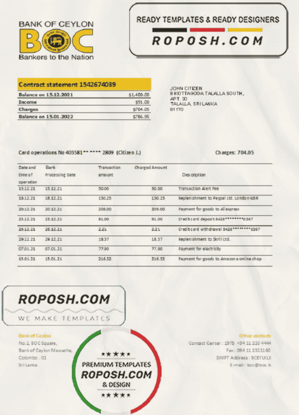 Sri Lanka Bank of Ceylon bank statement easy to fill template in .xls and .pdf file format