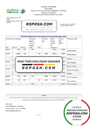 Tunisia Amen Bank statement easy to fill template in .xls and .pdf file format