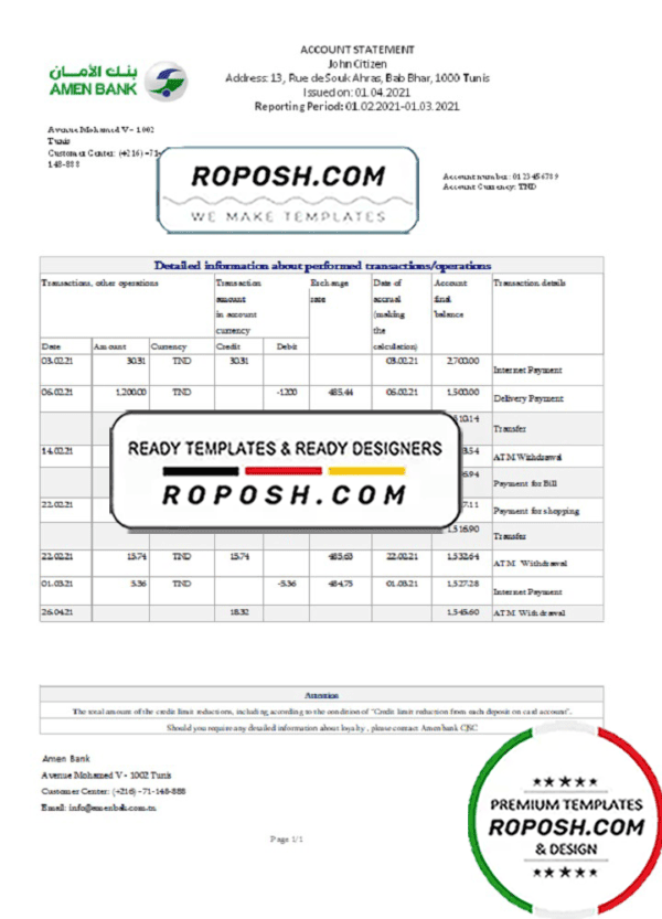 Tunisia Amen Bank statement easy to fill template in .xls and .pdf file format