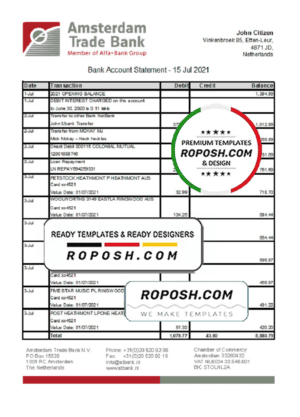 Netherlands Amsterdam Trade Bank statement template in Excel and PDF format