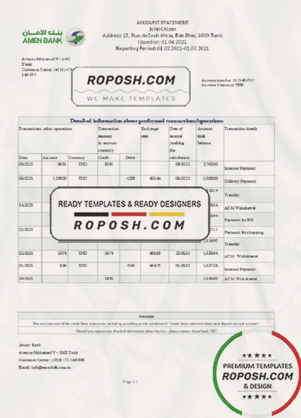 Tunisia Amen Bank statement easy to fill template in .xls and .pdf file format
