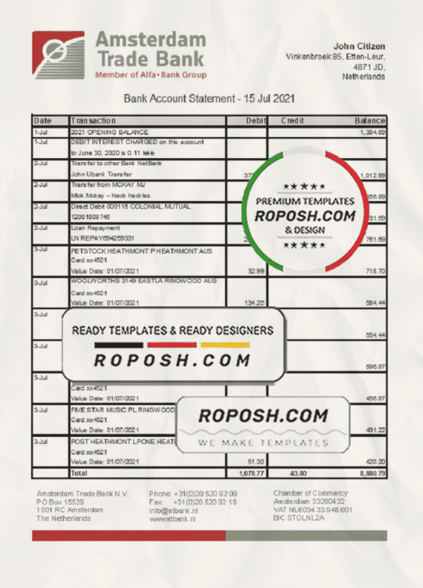 Netherlands Amsterdam Trade Bank statement template in Excel and PDF format