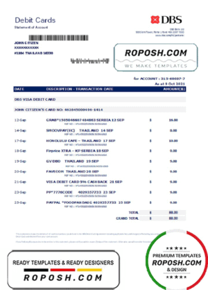 Thailand DBS bank statement easy to fill template in .xls and .pdf file format
