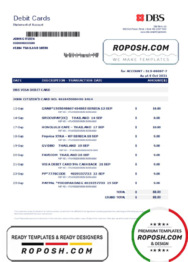 Thailand DBS bank statement easy to fill template in .xls and .pdf file format
