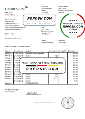 Switzerland Credit Suisse Bank statement easy to fill template in .xls and .pdf file format