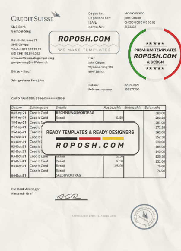 Switzerland Credit Suisse Bank statement easy to fill template in .xls and .pdf file format