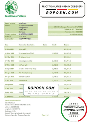 Sudan Saudi Sudanese Bank proof of address statement template in Word and PDF format