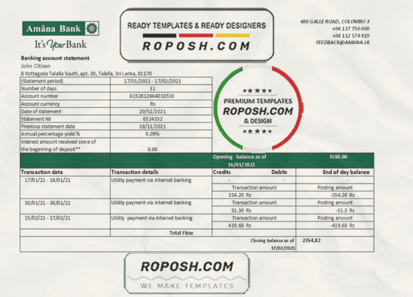 Sri Lanka Amana Bank statement easy to fill template in Excel and PDF format