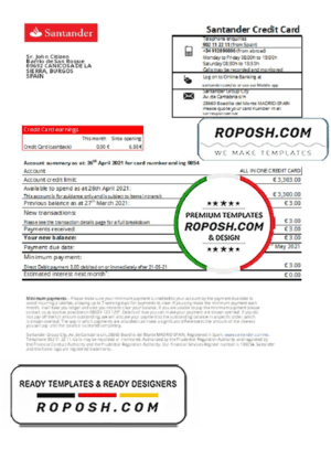 Spain Santander credit card proof of address bank statement in Excel and PDF format