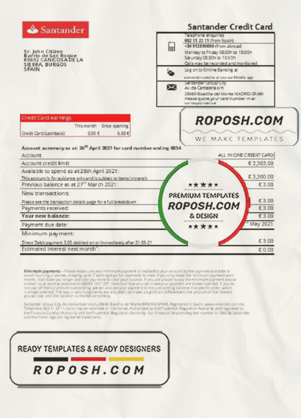 Spain Santander credit card proof of address bank statement in Excel and PDF format