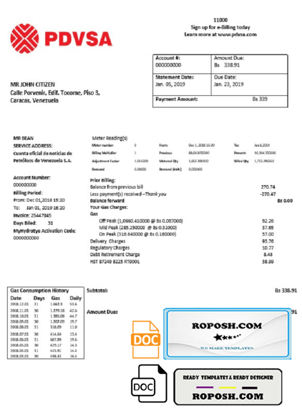 Venezuela PDVSA Gas utility bill template in Word and PDF format