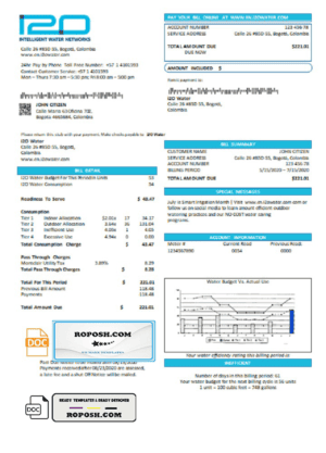 Colombia i2O Water utility bill template in Word and PDF format