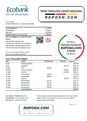 South Sudan Ecobank bank statement easy to fill template in Excel and PDF format