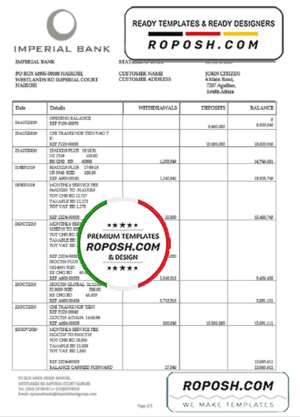 South Africa Imperial Bank statement easy to fill template in Word and PDF format