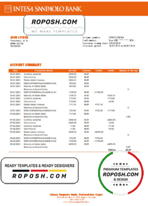Slovenia Intesa Sanpaolo Bank, Poslovalnica Koper bank statement template in Word and PDF format