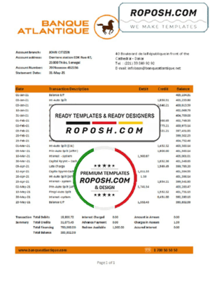 Senegal Banque Atlantique Bank statement easy to fill template in .xls and .pdf file format
