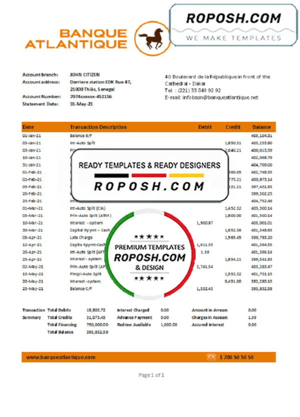 Senegal Banque Atlantique Bank statement easy to fill template in .xls and .pdf file format