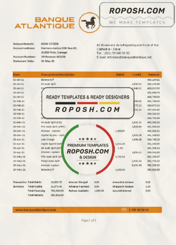 Senegal Banque Atlantique Bank statement easy to fill template in .xls and .pdf file format