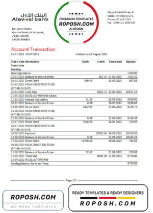 Saudi Arabia Alawwal Bank statement easy to fill template in .xls and .pdf file format