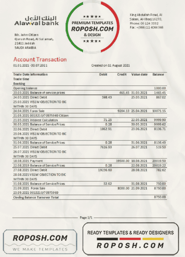 Saudi Arabia Alawwal Bank statement easy to fill template in .xls and .pdf file format